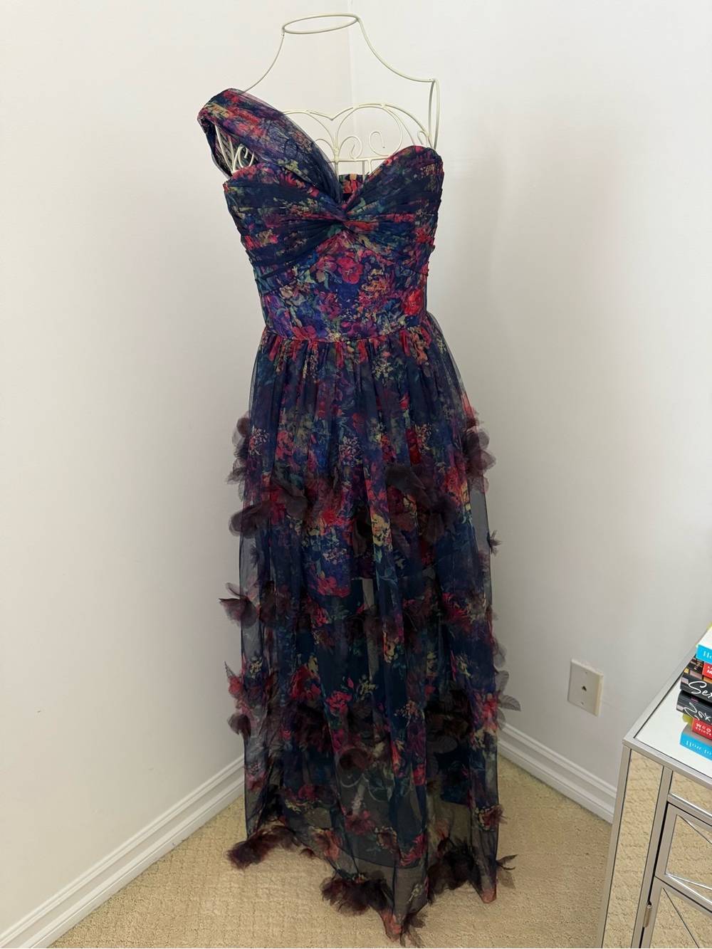 Marchesa Notte One-Shoulder Navy Floral Evening Gown